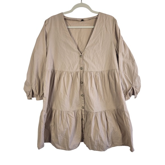H&M Dresses & Skirts - H&M Babydoll Mini Dress Womens L‎ Beige Tiered Button Front Cotton Boho Casual